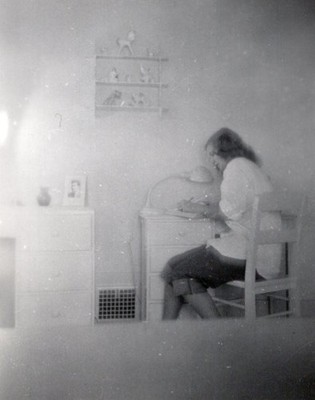 Beautiful Intelligent Woman Writing in Diary Journal at Desk 1940s Vintage Photo