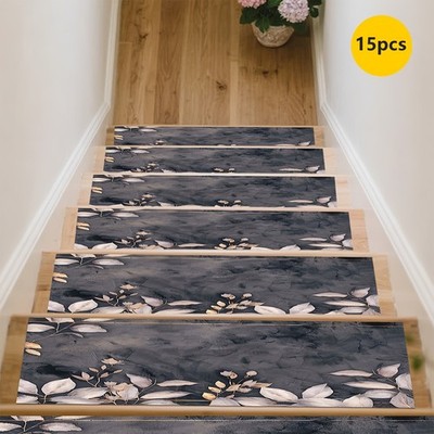 [Rubber Anti-Slip Mat] 15pcs Brown-Black Flower Pattern Printed Stair Mats, An