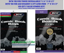 100 - BCW  Silver Thick Resealable 2MIL Poly Comic Book Bags & Backing Boards
