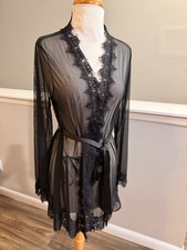 Fredericks Hollywood Sheer Lace Lingerie Robe Set Black Mesh L/XL