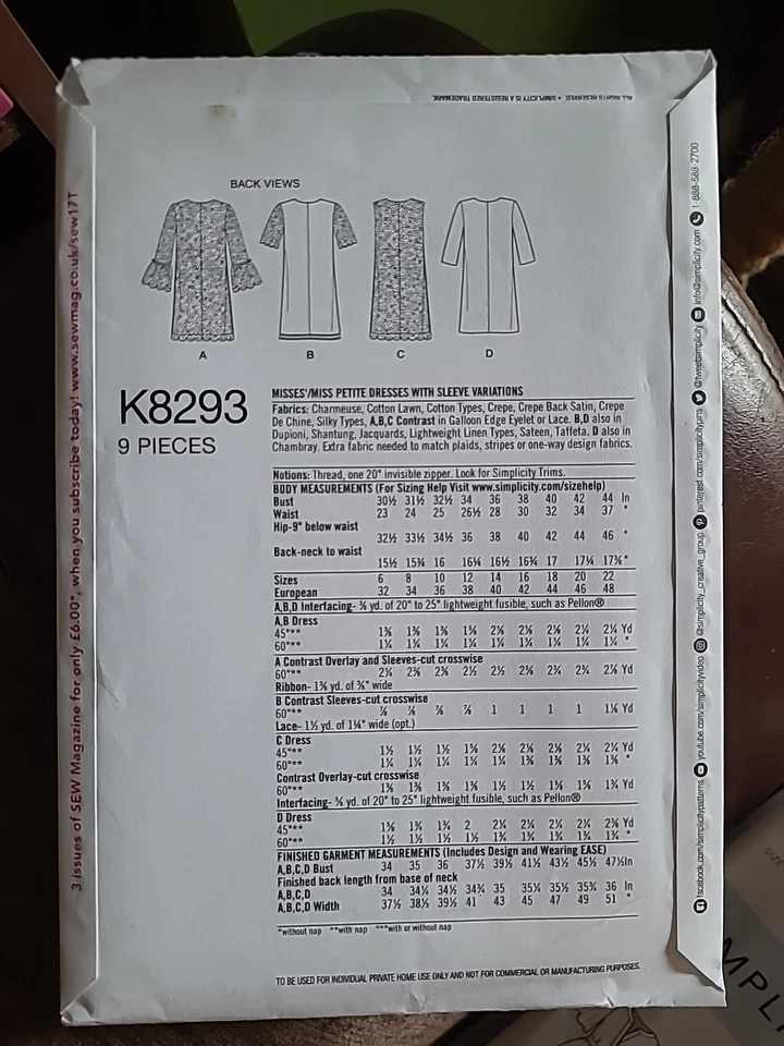 Simplicity 8293sewing pattern  new Ladies dress's Pattern Size 14-22 Uncut - Image 2 of 3