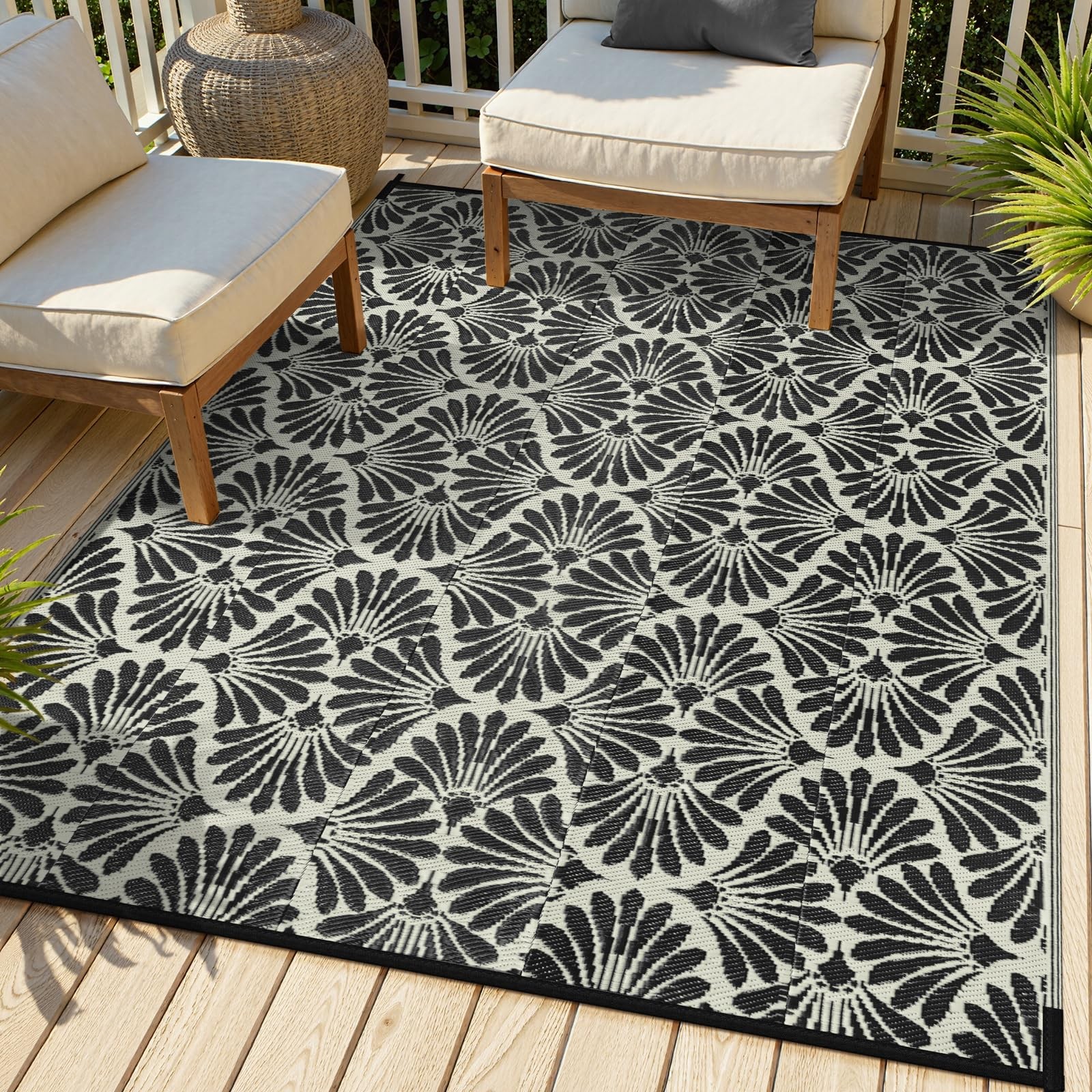 Outdoor Rug 6x9 Waterproof Black Plastic Straw Rug for Patio Porch Deck