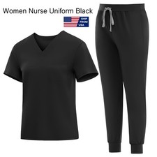 V-Neck Women Nurse Uniform Suit Women Medical Scrubs Top and Pants Black