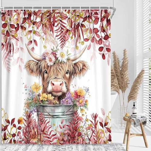 Red Shower Curtain, Boho Plant Eucalyptus Leaves Floral Funny Highland Cow - Picture 2 of 7