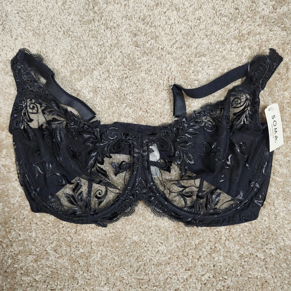 Sutiã Soma Sensuous Renda Sem Forro Preto 38DD Underwire Bordado Transparente Novo com etiquetas - Imagem 2 de 4