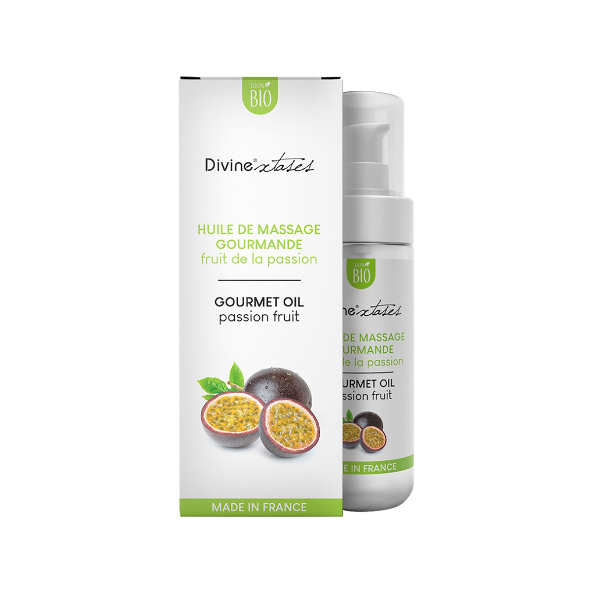 Huile de massage gourmande fruit de la passion pour un rituel bien-être à deux DIVINEXTASES