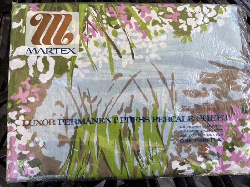 NEW Vintage Martex Luxor Percale Twin Flat Sheet REFLECTIONS Floral Iris Water
