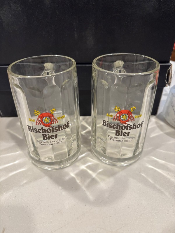 Vintage BISCHOFSHOF Bier Beer Glass Tall Germany Steins Mug 8 3/4” Tall