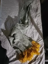 Universal Thread Scarf Gray with Mustard Yellow Fringe One Size 94" X 19" New