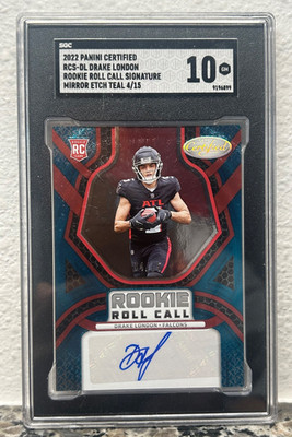 DRAKE LONDON 2022 PANINI CERTIFIED ROOKIE ROLL CALL TEAL AUTO /15 SSP SGC 10 RC