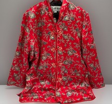 Xin Qian Women  s XL 100 Silk Red Floral Chinese Mandarin Frog Closure Jacket