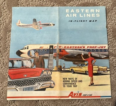 1958 1959 Eastern Airlines In-Flight Map AVIS Car Rental Ford Airplane Jets DC-8