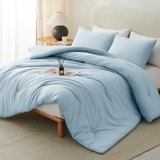 Queen Comforter Set Light Blue, 3 Pieces Solid Comforters Queen Size Breathab...
