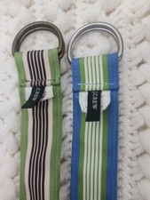 J.Crew striped grosgrain ribbon D-ring belt features a vibrant blue, green, and