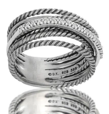 David Yurman Sterling Silver & 14k Gold Diamond Crossover Wide Ring size 8