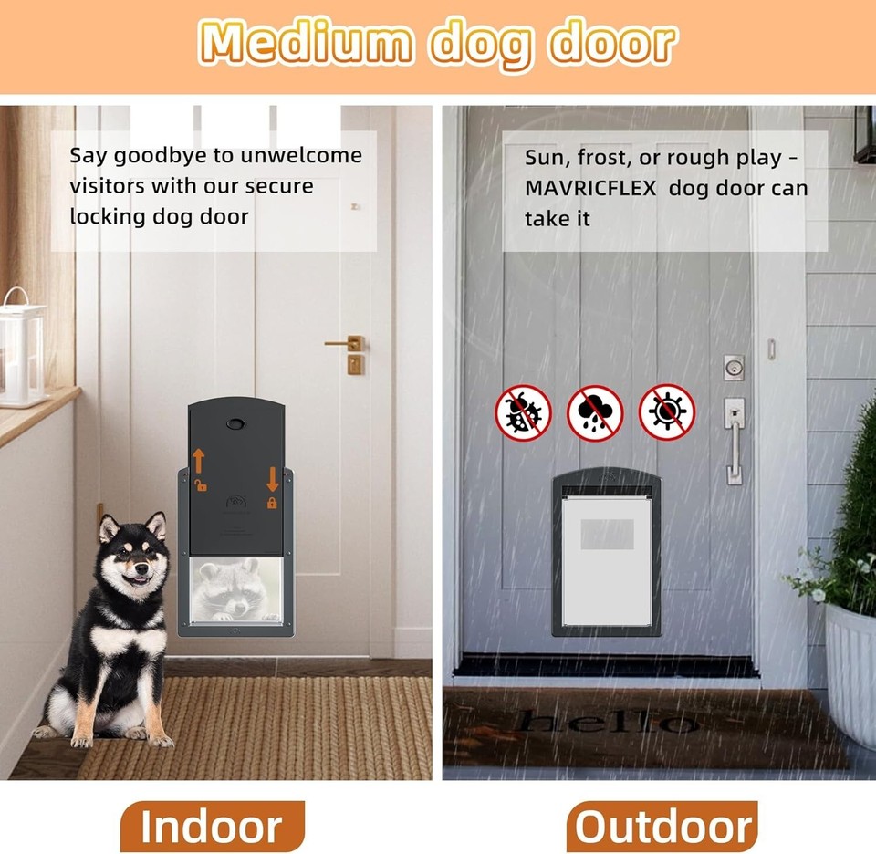 Smoky Gray Frame Dog Doors for Medium Dogs, Plastic Pet Door with