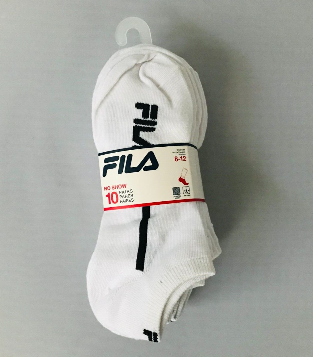 FILA Men's Socks No Show Sports White Socks 10 Pairs SHOE SIZE 8-12 NWT