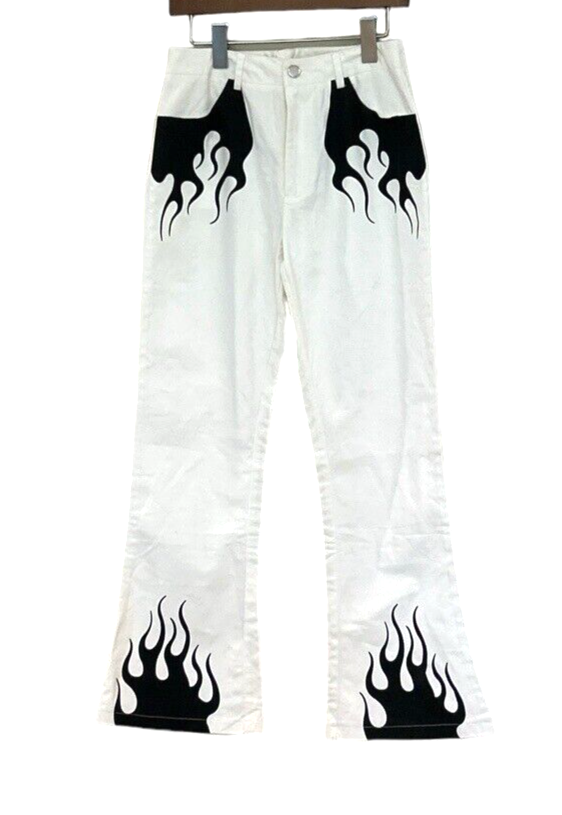 Cream White Jeans With Black Flames Waist Rock N Roll Rave Punk Festival Size L