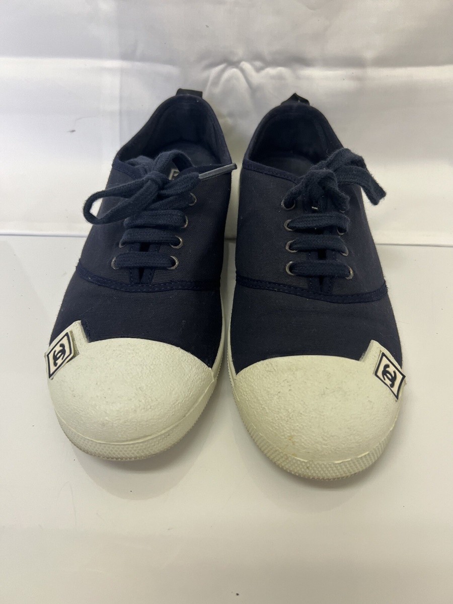 Vintage CHANEL Shoes Navy Blue Low Top Sneakers *PRIMO* Womens