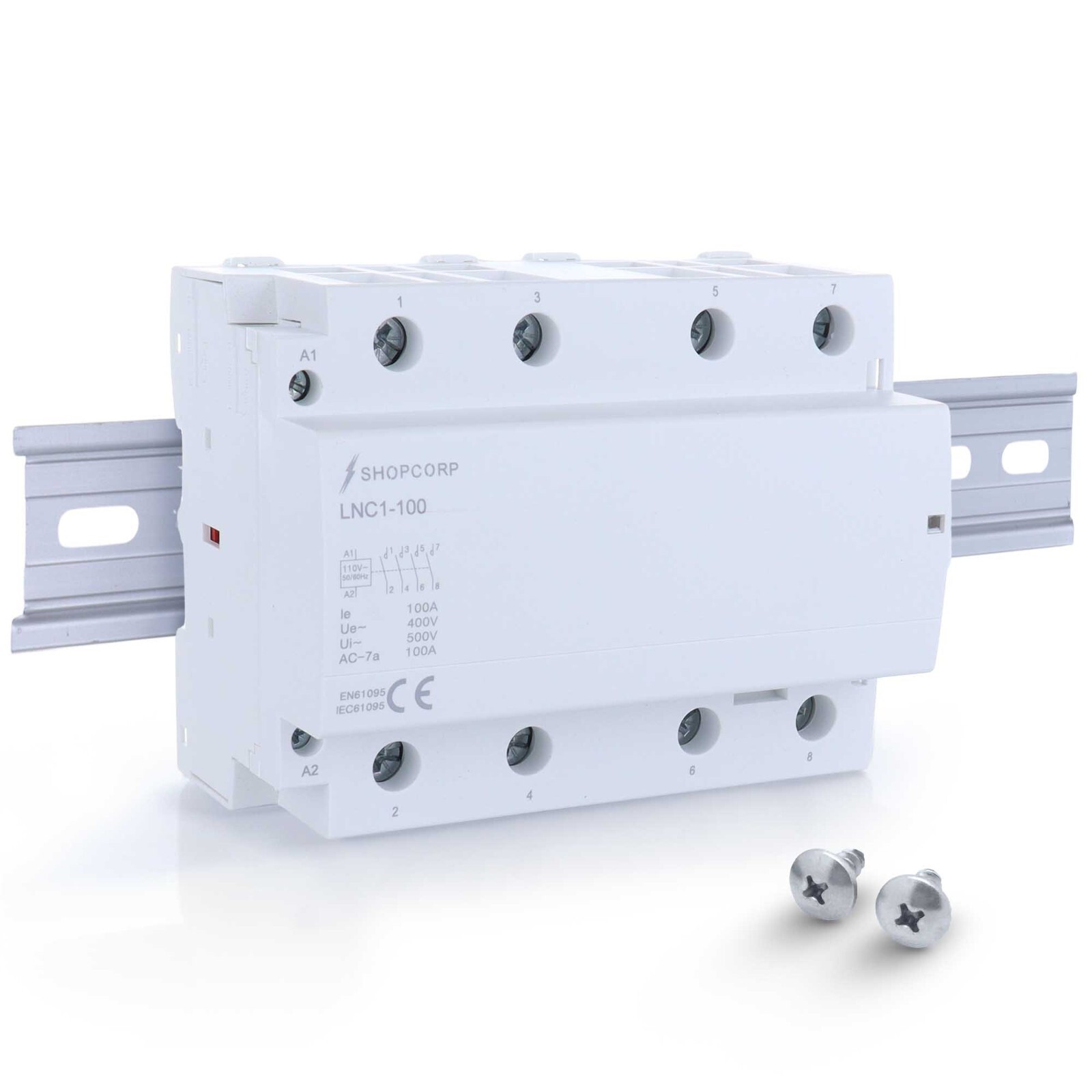 4 Pole NO Contactor 100A 120V Coil IEC 500V with DIN Rail and Screws Included