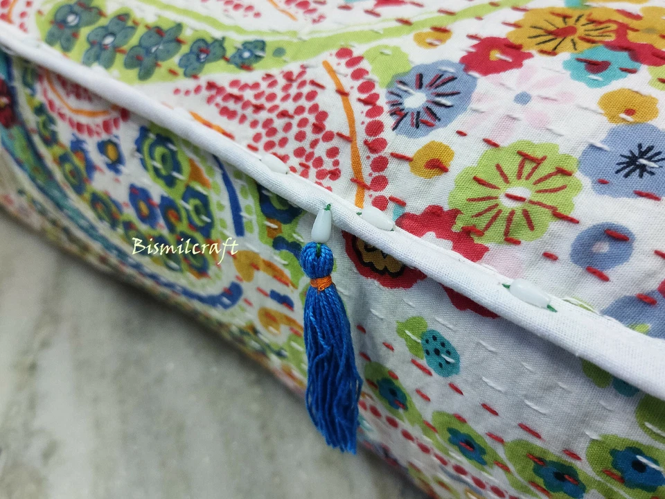 22X22X5" Square kantha Cushion Cover White Paisley Decorative Pillow Covers - Image 2 of 4