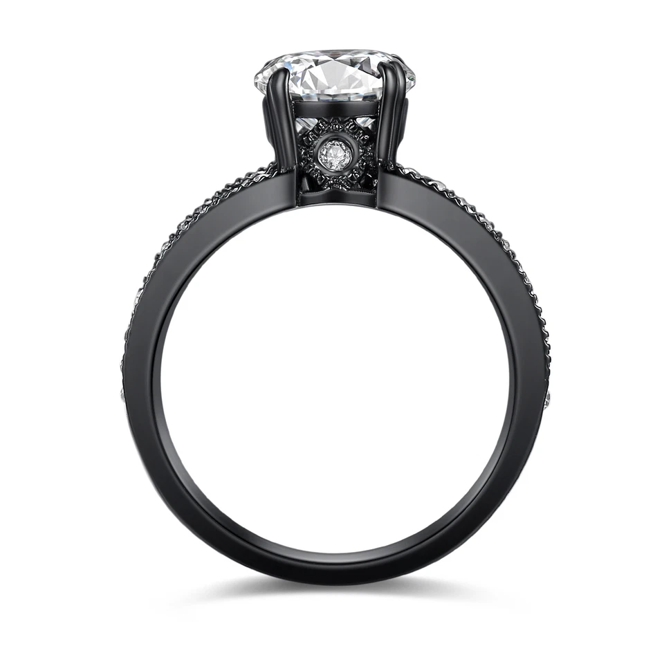 Juego de anillos de boda de compromiso de acero inoxidable negro circonita cúbica corte redondo de 2,74 quilates para ella Foto 3 de 4