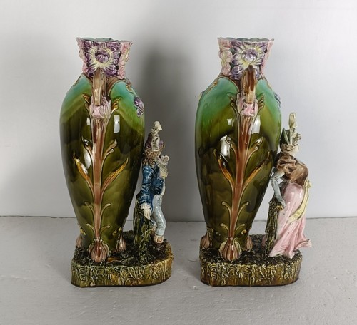 Art Nouveau French Pair Barbotine Majolica Large Vases Lady Man Figurines Gorge - Picture 5 of 11