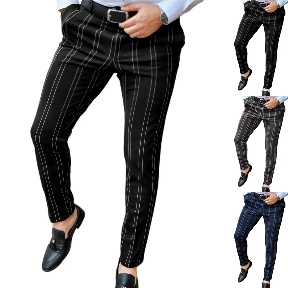 Men s Casual Long Trousers Slim Fit Carrot Striped Skinny Pants