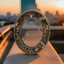 Mixed Media Vintage Jewelry Framed Collage Around Mirror With Resin