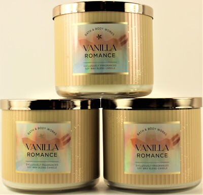 QTY 3 - Bath & Body Works White Barn VANILLA ROMANCE 3-Wick 14.5 Oz Candle