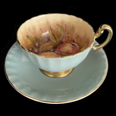 Vintage 1930s Aynsley Signed D. Jones Orchard Fruit Sage Green Teacup Saucer Set