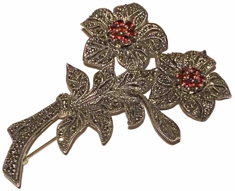 CFJ GRANDE PLATA ESTERLINA MARCASITA CRISTAL FLOR FIGURA BROCHE PIN VINTAGE Foto 4 de 4