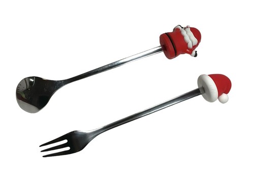 Santa Claus & Santa Hat Stainless Steel Spoon & Fork Set Christmas Appetizers 6” - Picture 8 of 9