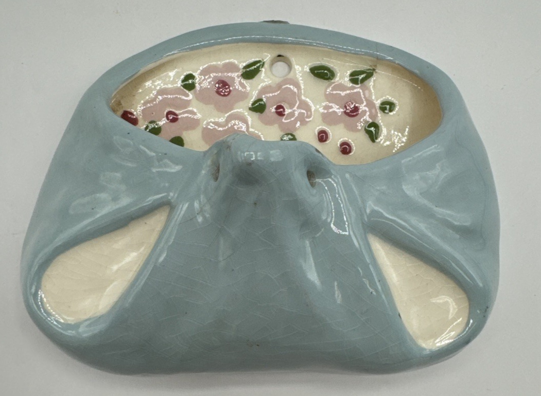 Vintage Blue Cloth Wall Pocket Vase Signed Midcentury Pottery