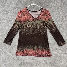 Croft & Barrow Top Womens S Brown Pink Dot Print 3/4 Sleeve Boho Autumn Normcore