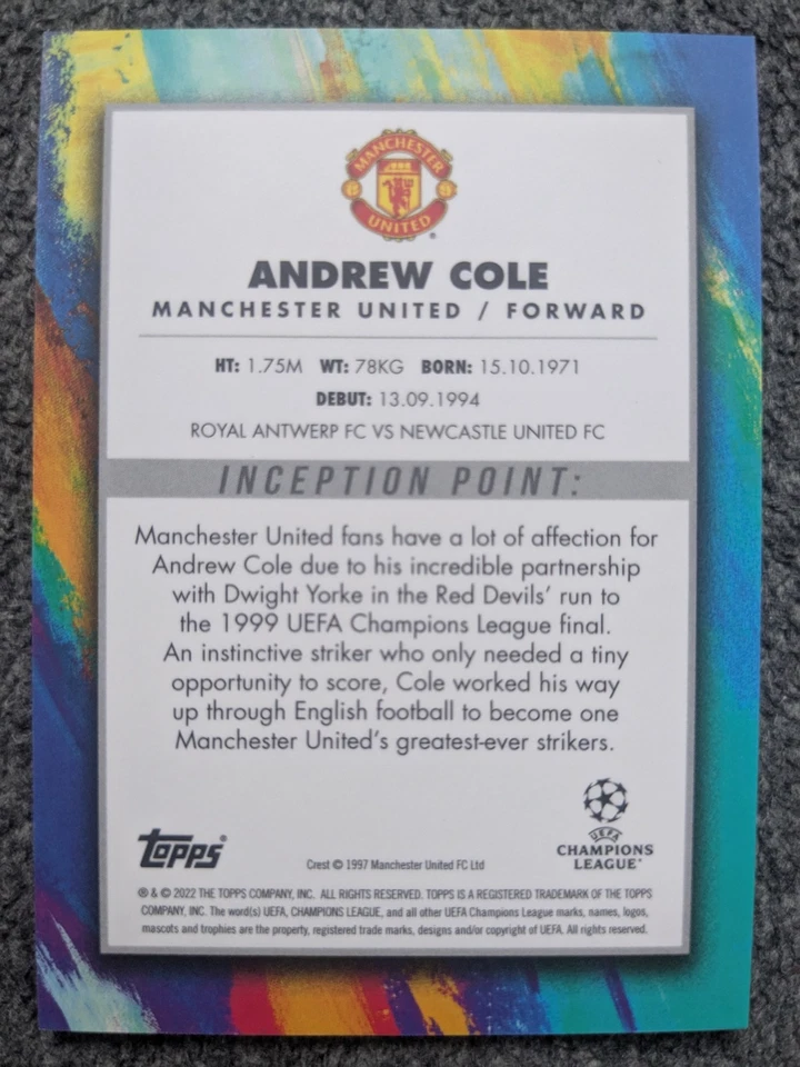 2021-22 TOPPS INCEPTION UEFA ANDREW COLE LEGENDS BLUE PARALLEL#D44/49 - Image 2 of 2
