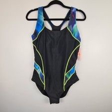 Charmo Women's One Piece Padded Swimsuit Size L Black Blue Geometric Sport Swim