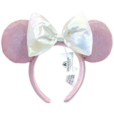 Disney- Parks Pink White Ribbon Minnie Mickey Ears Bow Disneyland Headband NWT