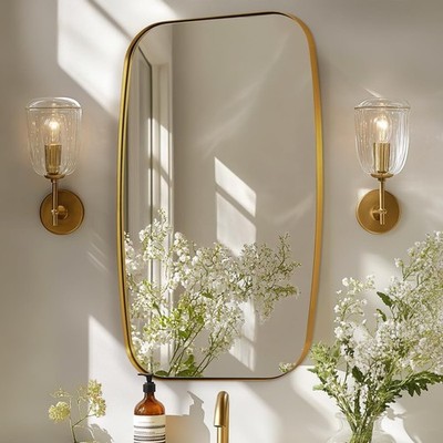 Brass Bathroom Mirror 24x32   Brushed Gold Metal Frame Oblong Mirror Bathroom
