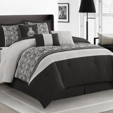 California King 7 Piece Comforter Set Damask Jacquard Black Silver Bedding