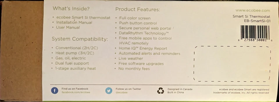 Brand New Sealed Ecobee Smart Si Wi-Fi Thermostat (EB-SmartSi-01) Color Screen - Image 4 of 4