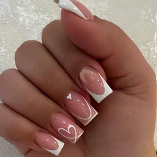 Press on Nails Medium Square Fake Nails White French Tip False Nails Glossy H...