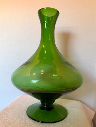 Vintage Art Glass Decanter Footed Vase Emerald Green 11" tall Blenko?