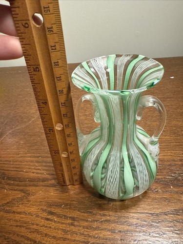 Vtg Murano Venetian Glass Green White Zanfirico Latticino Adventurine Mini Vase - Picture 7 of 7