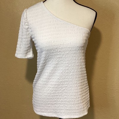 G by Guiliana White One Shoulder Textured Short Sleeve Shirt, Size XS