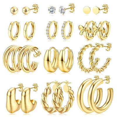 12Pairs Chunky Hoop Earrings Set for Women Trendy Hypoallergenic 14K Gold Pla...