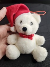 Rare Vintage Dakin Plush Bear Ornament w/ Santa Hat and Red Bow 6" 1980s 445