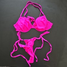 Pink Halter Solid Bikini Set Adjustable Lined Padded Size S