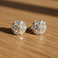 14K Yellow Gold Round Cluster CZ Stud Earrings Brilliant Sparkle Push Back Gift