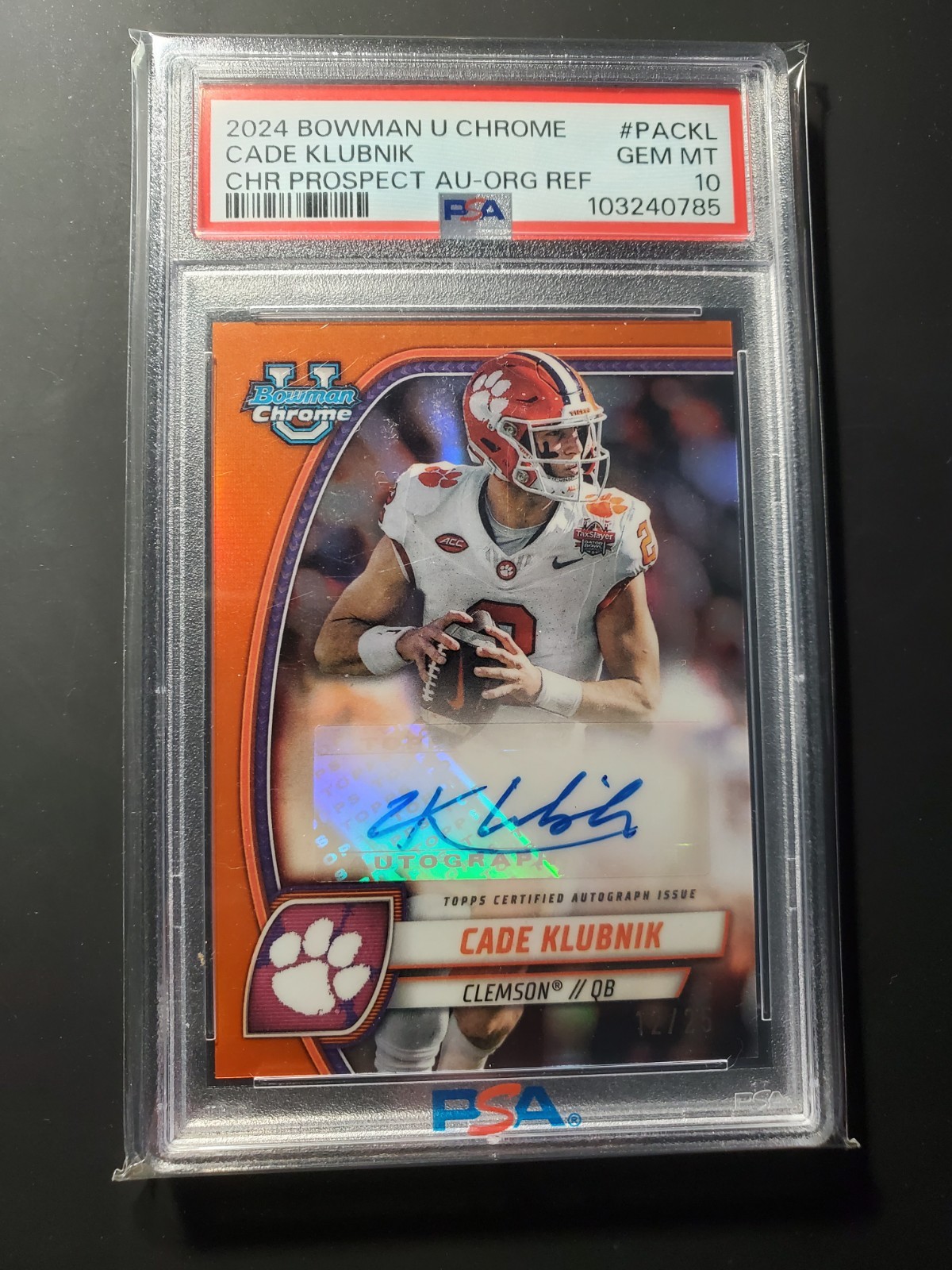 PSA 10 2024 Bowman University Chrome Cade Klubnik Clemson Rookie Auto Orange /25